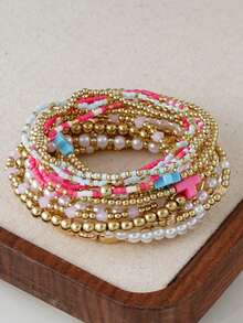 13pcs/Set Bohemian Style Handmade Beaded Stretch Bracelet Set, Multi-Layer Stackable Bracelets, Suitable For Women's Daily, Vacation, Party Wear (Bead Color Sequence Random) - Multicolor - View 2
