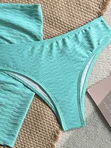 Conjunto de 3 piezas de traje de baño de bikini de unicolor y estilo sexy de halter para mujeres, conjunto de traje de baño, para vacaciones de verano en la playa - Verde 3 - Ver 9