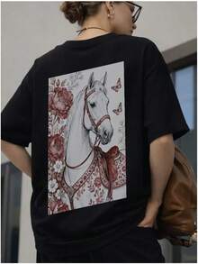 Camiseta de manga corta 100% algodón, estilo europeo y americano de verano, versátil, a la moda, casual, única, de marca de , con estampado de caballo para mujer. - Negro - Ver 9