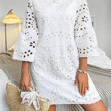 Women's Floral Hollow-Out Embroidery Round Neck Flare Sleeve Casual Dress - Verde - Ver 7