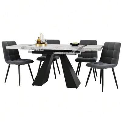 Esstisch (5-Tlg),Esstisch-Set, Ausziehbares Esstischset Für 4 Personen,160*80*75cm Esstisch Mit 4 Esszimmerstühlen,Grauer Samt-Esszimmerstuhl,Grauer Tisch Mit Säulenfüßen