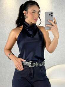Camiseta sin mangas de satén de unicolor con cuello alto tipo halter Y2K para mujer, ropa de calle linda para el verano en color negro casual - azul real - Ver 6