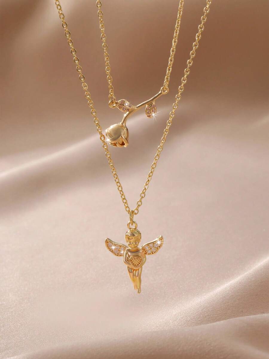 Bộ 2 mặt dây chuyền hình hoa hồng vàng tối giản thời trang dành cho trẻ em, phù hợp cho cả nam và nữ, dùng hàng ngày hoặc trong những dịp đặc biệt. - Nhiều màu - Xem 1
