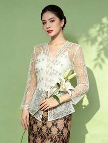1pc Kebaya For Women, Elegant Long Sleeve Cardigan Blouse, Green Long Sleeve Cardigan Top - Green - View 2