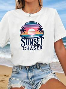 Plus Size - Plus Size - The "Sunset Chaser" T-Shirt Comes With A Romantic Design, Featuring A Stylish And Casual Oversized Crew Neck T-Shirt For Women, Perfect For Everyday Wear, Shopping, Parties And Going To Work - 白色 - 查看 1
