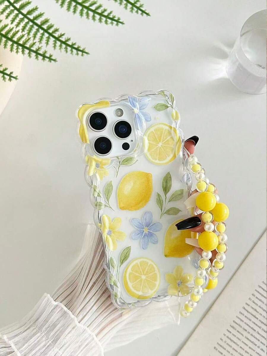 Ốp điện thoại chống rơi kiểu nghỉ dưỡng màu kem, viền lượn sóng, họa tiết hoa chanh, kèm vòng tay hạt cườm thủ công, tương thích với iPhone 16/11/16pro/16plus/16promax/16e/15Promax/13/14/12/XS/XR/7G/8P, Galaxy S25/S25PLUS/S25 Ultra/A16/A36/A26/A56/A50/A12/A32/A52/A72/A51/A21S/A13/A14/S24/S24PLUS/S24Ultra, S22/A52/A53/A54/A55 11/12Pro/12/12X/13Pro/14Pro/15Pro 10/9/Note9/12c/Note11pro/Note8Pro