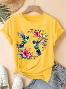 Primavera/Verano 2026, Nueva Camiseta de Manga Corta para Mujer con Cuello Redondo y Estampado Floral de Colibrí Tropical, Estilo Vintage Desgastado, Top Casual, Tejido de Punto Suave, Ropa de Mujer de Alta Calidad. | Diseño Divertido y Original | Adecuado para uso diario en primavera, verano y otoño. | Camiseta Divertida y Juvenil - Estilo Urbano Vintage Unisex, Holgada, de Algodón, Manga Corta y Cuello Redondo - Albaricoque - Ver 8