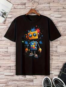 100% Men's Casual Round Neck T-Shirt, Soft and Comfortable Fabric, Short Sleeve, Back-to-School Season, Suitable for Daily Wear - Negro - Ver 1