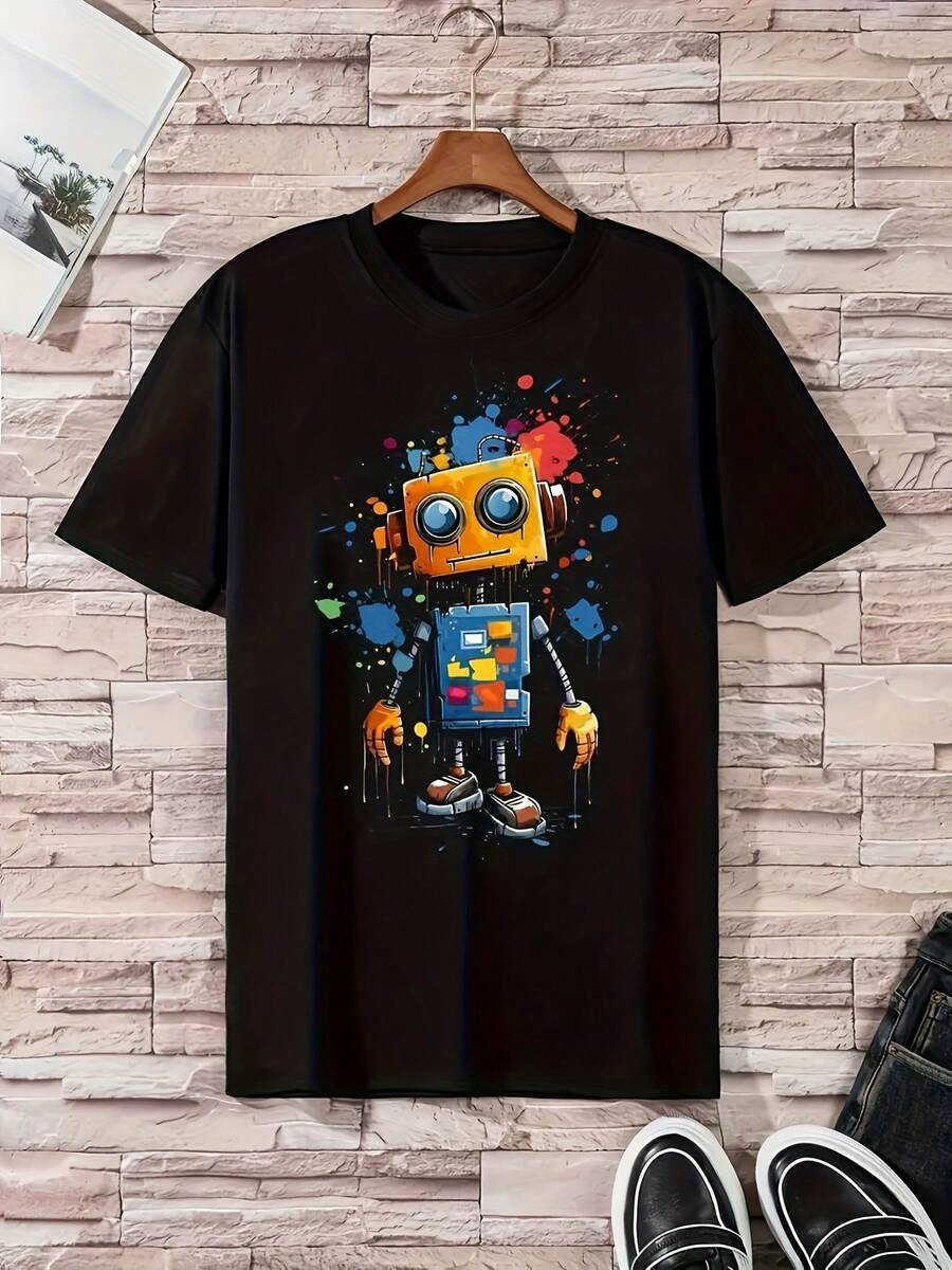 100% Men's Casual Round Neck T-Shirt, Soft and Comfortable Fabric, Short Sleeve, Back-to-School Season, Suitable for Daily Wear - Negro - Ver 1