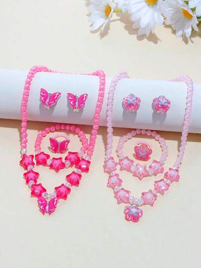 5pcs/Set Girls Pink Beaded Butterfly, Pentagram, Flower Bracelet, Necklace, Ring, Earring Jewelry Set, Suitable For Bestie, Sister Daily Wear, Party, Birthday Gift