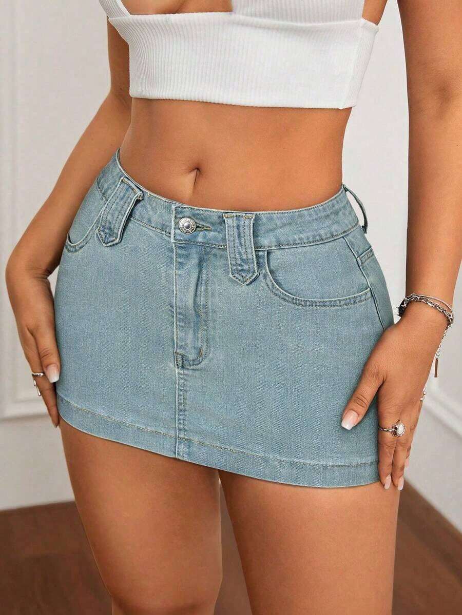 Minifalda de mezclilla ajustada y de tiro bajo lavada, con estilo callejero sexy para el verano - Lavado ligero 4 - Ver 1