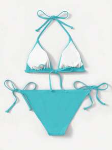 Women's Simple Solid Color Swim Bikini With A Halter Neck And Cutout, Suitable For Beach Vacations And Summer. - Mint Blue - View 2