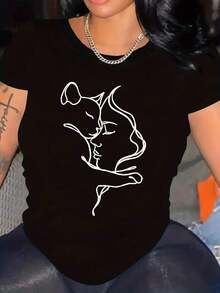 Camiseta de Talla Grande para Mujeres con Estampado de Gato - Top Casual de Manga Corta y Cuello Redondo con Diseño Geométrico de Gato, Tela Transpirable para Primavera y Verano, Lavable a Máquina, Atuendo Casual, Camiseta de Ajuste Relajado - Negro - Ver 1