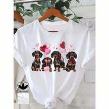 1 pcsCamiseta blanca de mujer, 100% algodón, con estampado de lindo patrón de corazón de perro salchicha negro, camiseta casual y cómoda de manga corta con cuello redondo, ropa de primavera y verano, adecuada para cualquier ocasión, color sólido, casual180g 100% Cotton - Negro - Ver 6