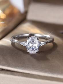Vanel 1 chiếc nhẫn solitaire hình oval màu bạc thanh lịch, đính đá Cubic Zirconia, kiểu dáng tối giản, thích hợp đeo hàng ngày, món quà trang nhã. - trắng bạc - Xem 5