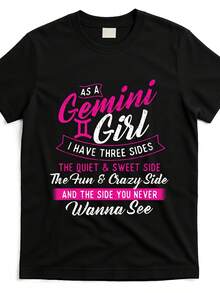 Camiseta Gráfica del Zodíaco Géminis para Mujer - Camiseta Astrológica Atrevida con el Texto "Como chica Géminis tengo tres lados", Top de Moda Urbana Retro 100% con Estampado Rosa Intenso, Camiseta de Manga Corta con Cuello Redondo, Suave, Transpirable y Ligera, Ropa Casual Astrológica Unisex para Adultos - Negro - Ver 1