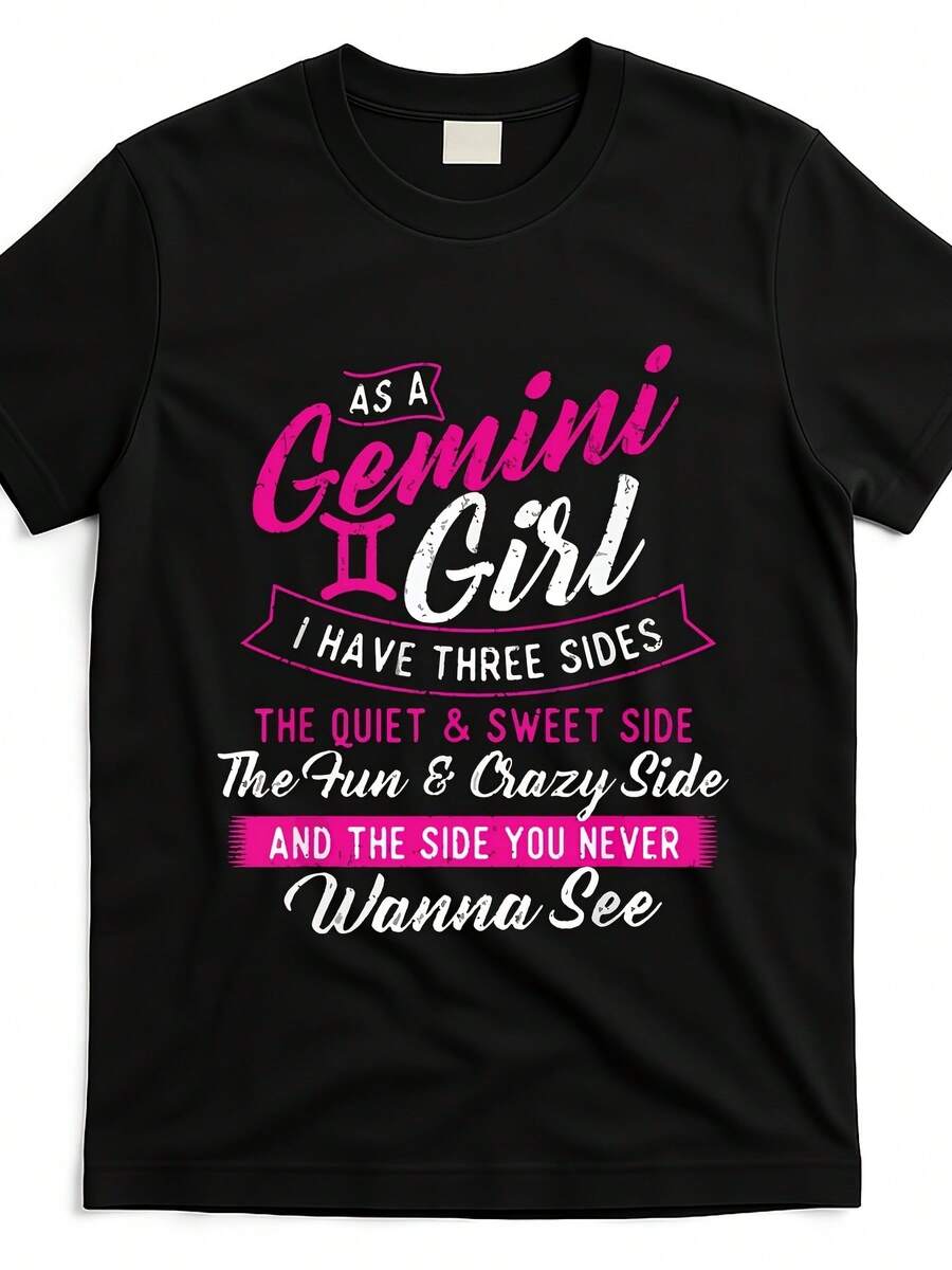 Camiseta Gráfica del Zodíaco Géminis para Mujer - Camiseta Astrológica Atrevida con el Texto "Como chica Géminis tengo tres lados", Top de Moda Urbana Retro 100% con Estampado Rosa Intenso, Camiseta de Manga Corta con Cuello Redondo, Suave, Transpirable y Ligera, Ropa Casual Astrológica Unisex para Adultos - Negro - Ver 1