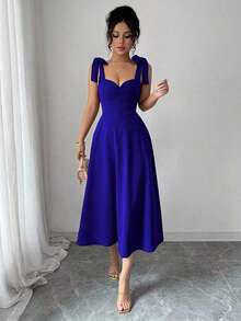 elegante y romántico para mujer con lazo decorativo en la cintura y corte evasé sin mangas - azul real - Ver 7
