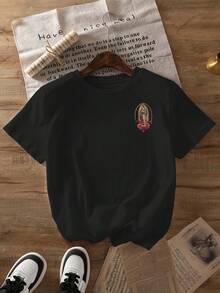 Diseño Sencillo y Versátil: Camiseta de estilo vintage con estampado de rosas de Madonna, de manga corta y cuello redondo, ideal para usar en primavera y verano, camiseta de algodón para mujer. - Negro - Ver 2