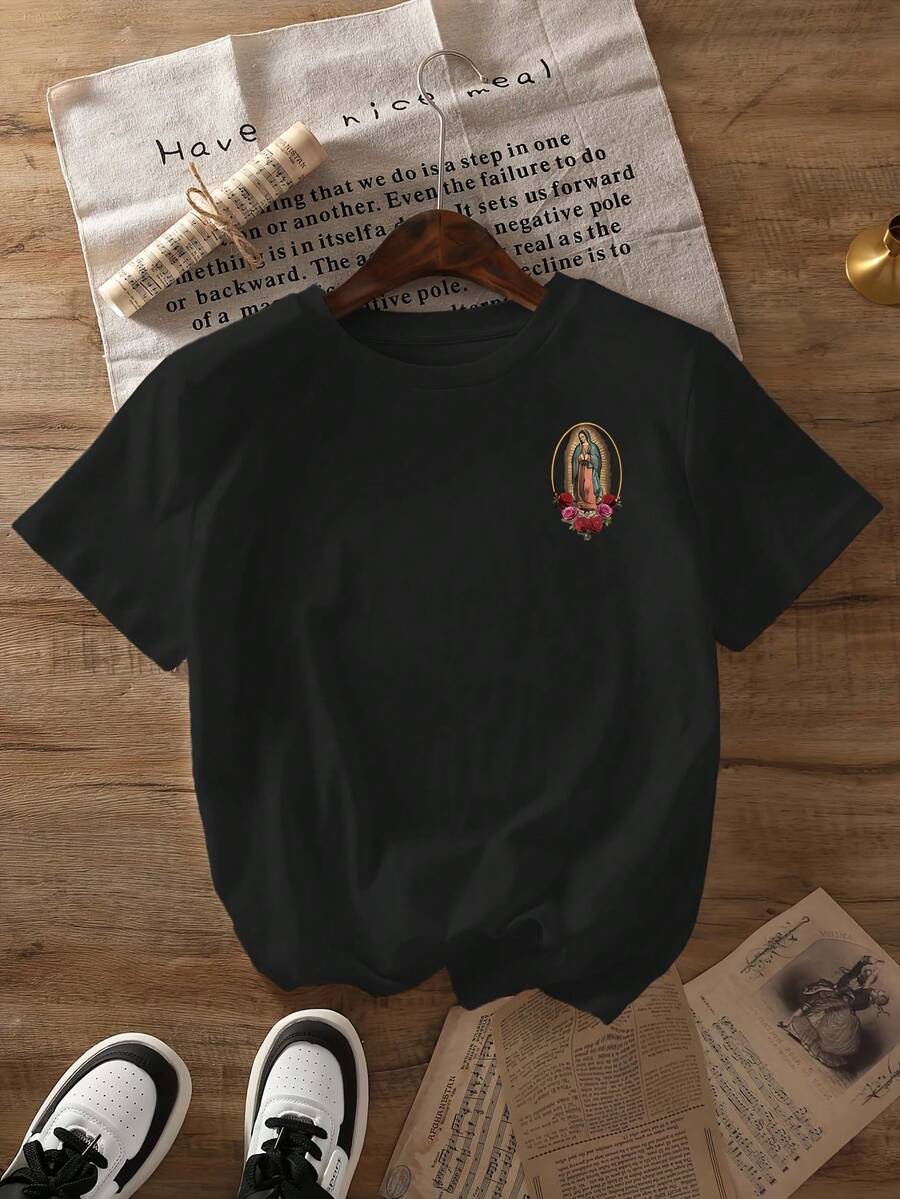 Retro-Style T-Shirt With A Print Of The Virgin Mary And Roses, Short Sleeves, And A Round Neck. Casual, Suitable For Spring And Summer, Women's Clothing. Loose-Fitting, Casual, And Versatile T-Shirt. - 黑色 - 查看 1