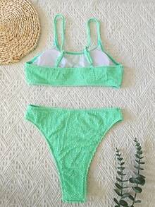 Bộ bikini hai mảnh cạp cao màu xanh lá cây khoét rỗng gợi cảm kiểu Châu Âu và Mỹ mới cho mùa hè, kèm áo ngực có đệm. - Màu xanh Cadet - Xem 3