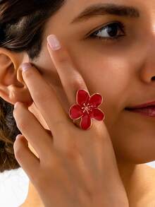 1pc Fashionable Minimalist Red Enamel Flower Ring, Suitable For Women's Casual, Party, Afternoon Tea Daily Wear - Red - View 6