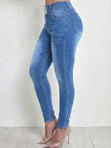 Celana Jeans Skinny Biru Muda Berpinggang Tinggi, Model Celana Pensil yang Melangsingkan, Kasual untuk Liburan - Navy Blue - View 3