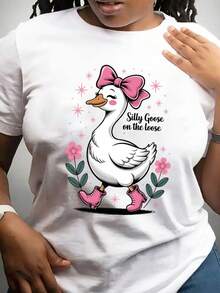 Camiseta Nueva de Primavera/Verano/Otoño 2026 - Camiseta casual de verano de manga corta y cuello redondo con estampado de pato lindo y lazo rosa (Silly Goose on Run) - Top negro lavable aáquina. - Blanco - Ver 9