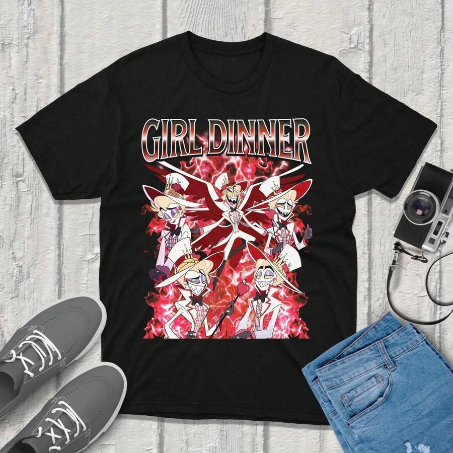 L1UCIFER Girl Dinner Meme Shirt H1azbin Hotel Character fanmerch animated series.JPG - Negro - Ver 1