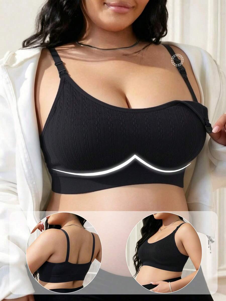 1pc Black Maternity Nursing Bra, Anti-Sagging, Pregnancy & Breastfeeding Support, Side-Boob Coverage, Wireless, Plus Size - Black - View 1