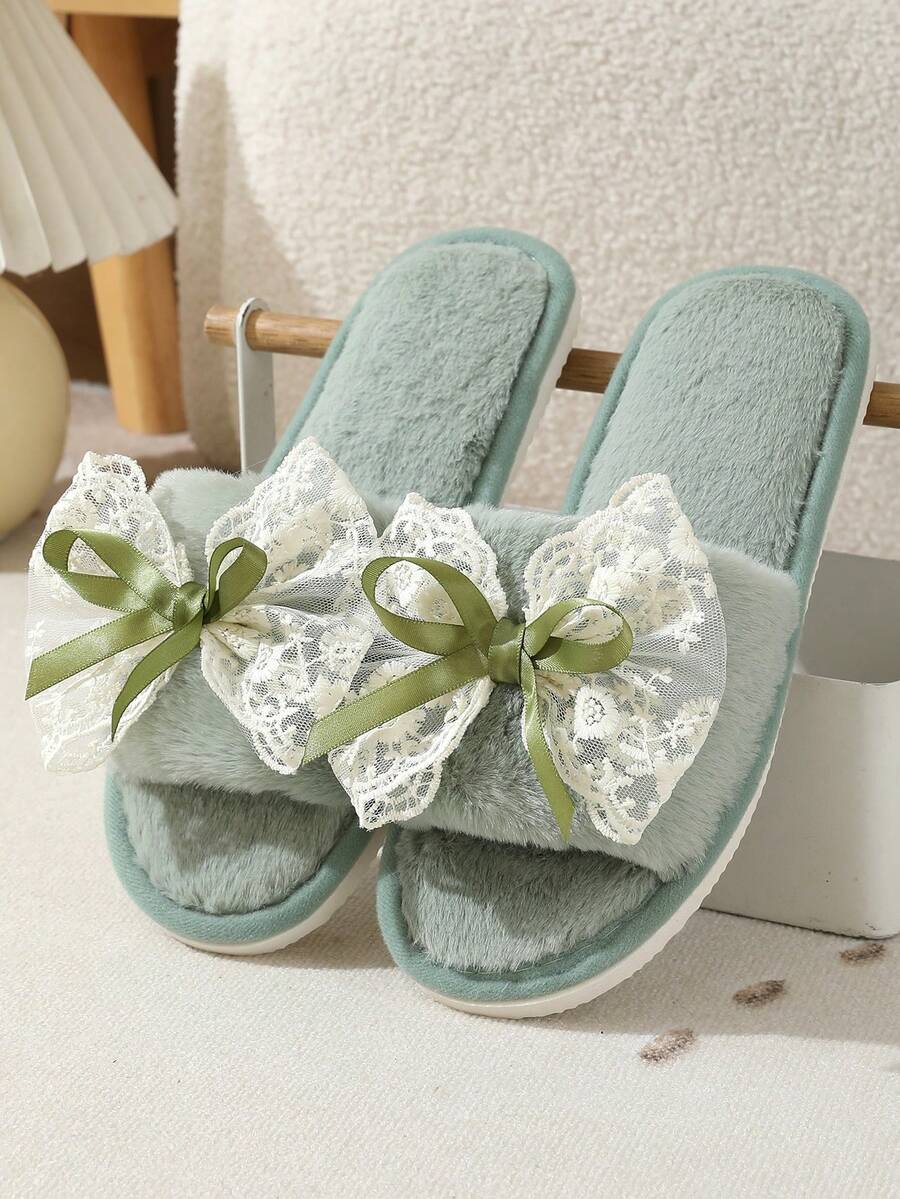 Women's Fluffy Bow Slippers, Lightweight Indoor Home Slippers, Quiet Plush Slides For All Seasons