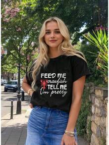 Camiseta de Cangrejo de Río: Alimenta Me con Cangrejo de Río, Dime Que Soy Bonita. Camiseta para Mujer con Diseño Gráfico Vintage de Mariscos para el Verano. - Negro - Ver 2