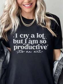 1 Piece Black T-Shirt "I Cry A Lot, But I'm Very Productive", It's An Artistic Sweatshirt, A Funny T-Shirt About Mental Health, Anxiet 210g 100% Cotton, The Designs Are Printed. Unisex. - 黑色 4 - 查看 11