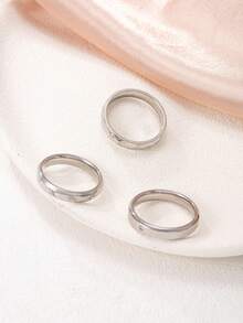 3pcs Set Stainless Steel Silver Plain Band Rings, Minimalist Style With Carved Diamond-Cut Faceted Design, Unisex Rings For Daily Wear And Commute, Couples - Silver - View 3