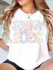 Senior 2026 Graduation Celebration Shirt With Floral Design And Pink Ribbon Detail For High School GraduatesRopa De Mujer / Ropa De Mujer De Uso Diario / Blusas, Camisas Y Camisetas De Mujer / Camisetas De Mujer Ropa Deportiva Basicos Mujer Short Playeras Para Hombre - Blanco - Ver 8