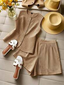 Conjunto de 2 piezas de mujer tejido a rayas de estilo elegante para el verano - Café integral 2 - Ver 6