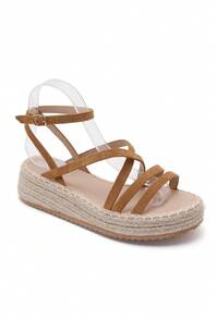 Sandalia de suela gruesa de yute para mujer, diseño de minimalista y elegante con tiras cruzadas en la pala y cierre de hebilla ajustable, ideal para uso diario y vacaciones - Camel - Ver 3