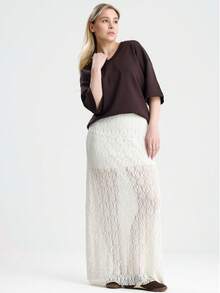 RoseArya Elegant High Waist Lined Lace Maxi Skirt - Beige - View 3