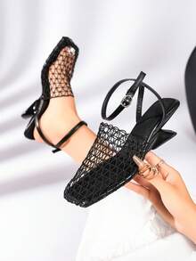 Giày sandal cao gót nữ mới năm 2026, sandal đế xuồng rỗng bằng lưới, sandal mũi vuông gót bất đối xứng dành cho nữ. - màu đen - Xem 5