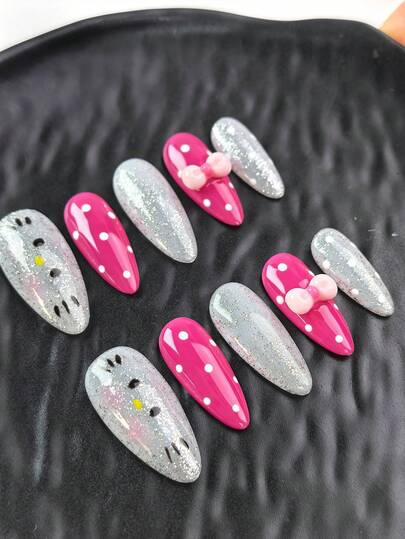 10 Handmade Reusable Full Coverage Nails, Almond Shaped Medium To Long Press On Fake Nails, Y2k Style, Pure Handmade Wearable Nails, Shiny And Cute Hand-Painted Fake Nails, Cute Cartoon Design With Pink Bow Decoration, Elegant And Lovely, High-Quality Nail Patches, Suitable For Girls And Ladies To Wear In Daily Life And Attend Parties, Can Also Be Used As Graduation Gifts And Birthday Gifts. Each Set Of Nails Includes One Piece Of Double-Sided Tape And One Nail File.