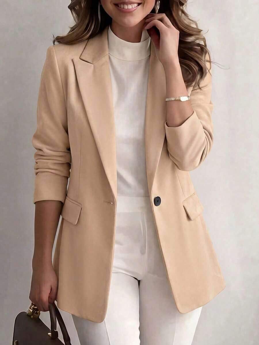 Chaqueta de blazer de unicolor con solapa para mujer, de manga larga con botones y bolsillos, adecuada para otoño, invierno y primavera.Chaqueta de oficina de manga larga, prenda exterior versátil para negocios y hogar, apta para otoño, invierno y primavera - Albaricoque - Ver 1