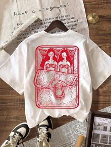 Mermaid Sardine Summer Social Club Casual Short-Sleeved Crew Neck T-Shirt, White For Back To School Season. Pure-Cotton - 白色 - 查看 3