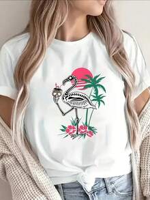 Camiseta de manga corta ligera y duradera con diseño de esqueleto de flamenco, junto con estampados tropicales de palmeras y atardeceres, i para salidas informales, días de playa o decoración del hogar - Blanco - Ver 2