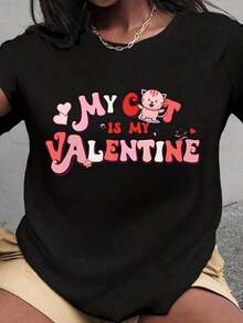 Plus Size T-Shirt For Valentine's Day With French Fries Design, Fun For Food Lovers, Women's, With Cute French Fries And Heart Design, Perfect Casual Top For Everyday Wear And Gift Ideas | Exquisite Design | Loose And Comfortable | Easy To Match | - 黑色 5 - 查看 1