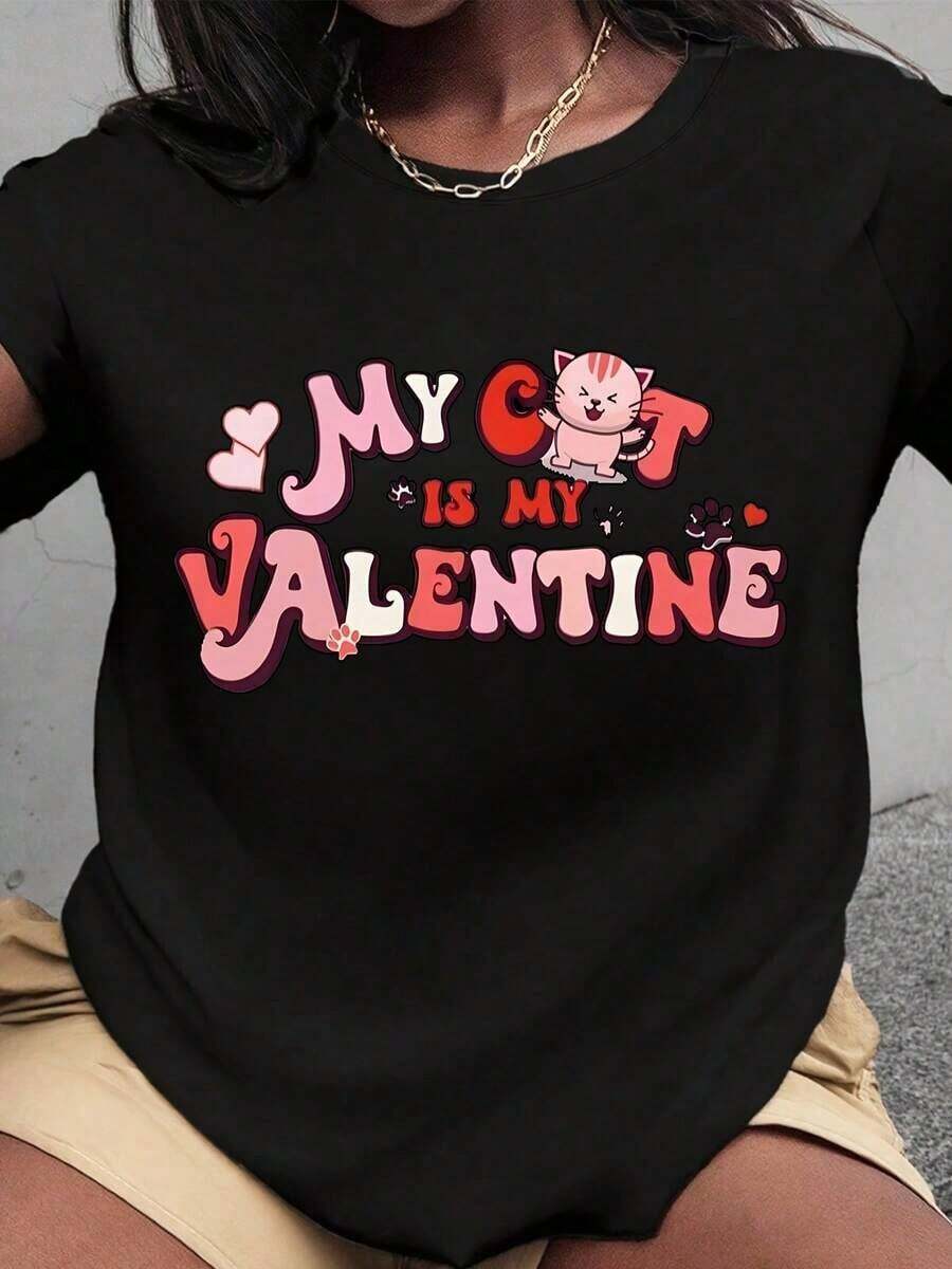 Plus Size T-Shirt For Valentine's Day With French Fries Design, Fun For Food Lovers, Women's, With Cute French Fries And Heart Design, Perfect Casual Top For Everyday Wear And Gift Ideas | Exquisite Design | Loose And Comfortable | Easy To Match | - 黑色 5 - 查看 1