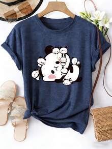 Camiseta de manga corta con cuello redondo para mujer, estampado de la familia panda abrazándose, lavable a máquina, camiseta de primavera/verano, diseño divertido, ajuste cómodo - Camiseta unisex de algodón holgada de estilo vintage con cuello redondo y manga corta. - Negro - Ver 10