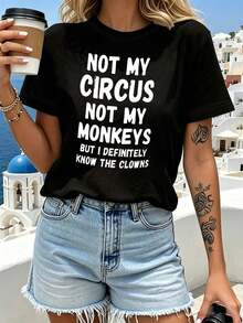 Camiseta divertidara mujer "No es mi circo, no son mis monos" - Blusa casual de manga corta y cuello redondo con estampado de letras de payaso, atuendos de primavera y verano adecuados para fiestas, vacaciones, vestimenta casual, ropa de regalo humor￭stica lavable a m£quina - Negro - Ver 2
