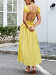 Vestido largo de verano mujer, cuello cuadrado con manga burbuja corta, espalda descubierta, estilo vacacional ideal para playa - Amarillo - Ver 6