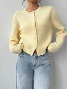 Cárdigan de mujer de manga larga, cuello redondo, suelto y corto, de unicolor, cómodo y acogedor, para el uso diario, en color amarillo mantequilla para otoño/invierno - Amarillo - Ver 6