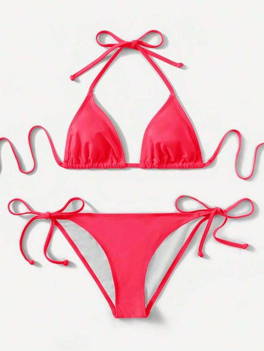 Women's Simple Solid Color Swim Bikini With A Halter Neck And Cutout, Suitable For Beach Vacations And Summer. - Rosa 2 - View 1